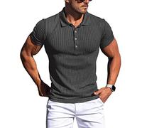 Muskel-Poloshirt für Herren, schmale Passform, strukturiertes Strick-Poloshirt, kurzärmelig, Button-Down-Shirt, lässig, stilvoll, grau dunkel, L