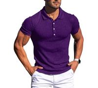 Muskel-Poloshirt für Herren, schmale Passform, strukturiertes Strick-Poloshirt, kurzärmelig, Button-Down-Shirt, lässig, stilvoll, Violett, Mittel