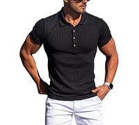 Muskel-Poloshirt für Herren, schmale Passform, strukturiertes Strick-Poloshirt, kurzärmelig, Button-Down-Shirt, lässig, stilvoll, Schwarz, Klein