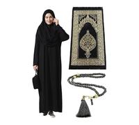 Muslim-Kleider für Frauen, One-Piece-Langarm Hijab Abaya in voller Länge islamisches Gebet Dress & Schwarz islamischer Gebetsteppich & Gebetskette, Schwarz, Standart Größen: 2-12 (XS-XXL)