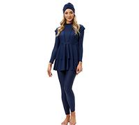 Muslimische Badeanzug Damen Burkini Frauen Muslim Bademode Modest Islamisch Arabisch Jilbab Langarm Schwimmoberteile Built in Bra+Schwimmhose+Hijab Kopftuch 3tlg Full Cover Schwimmanzug Blau 3XL