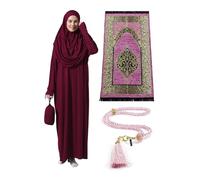 Muslimische Kleider für Frauen, einteiliges, langärmliges islamisches Gebetskleid mit Gebetsteppich und Perlen, islamisches Set, Fuchsia, 3XL/6XL