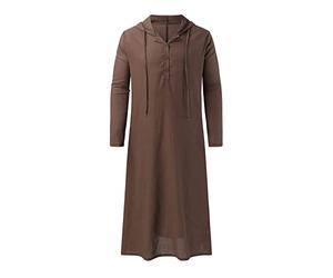 Muslimisches Arabien für Herren, lässiges Langarm-Taschen-Los-Gewandhemd, muslimisches Gewand, solide Baumwolle und Leinen mit Kapuze Weises Hemd Herren (XL,b-Braun)