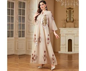 Muslimisches langes Kleid mit V-Ausschnitt, Pailletten, Mesh, Blumenmuster, locker geschnitten für Frauen, bescheidene Kleidung, Marokkanisch, Islamis