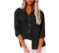 musselin Bluse Damen Baumwollbluse Tunika weiß Einfarbig Baumwoll Leinen Revers große größen wickeloberteil(Schwarz, L)