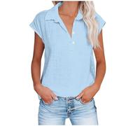 musselin Bluse Damen Baumwollbluse Tunika weiß Einfarbig Baumwoll Leinen Revers Kurzarm große größen Sommershirt(Hellblau, 3XL)