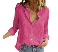 musselin Bluse Damen Baumwollbluse Tunika weiß Einfarbig Baumwoll Leinen Revers Langarm Oberteile große größen（Knallrosa, XXL