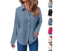 Musselin Bluse Damen Elegant Baumwolle Langarm Bluse Casual V-Ausschnitt Hemdbluse Lockere Passform Tunika Oversized Tshirt Leicht Luftige Oberteil Mit Knöpfen und Tasche