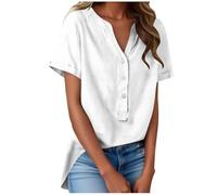 Musselin Bluse Damen,Knopfleiste Leinenhemd Damen Kurzarm V-Ausschnitt Tshirt Oversize Blusenshirt Button-Down Oberteile Leinenbluse Einfarbig Sommer Sportshirt Hemd Elegant Baggy T-Shirt