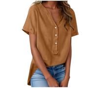Musselin Bluse Damen,Knopfleiste Leinenhemd Damen Kurzarm V-Ausschnitt Tshirt Oversize Blusenshirt Button-Down Oberteile Leinenbluse Einfarbig Sommer Sportshirt Hemd Elegant Baggy T-Shirt