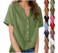 Musselin Bluse Damen,Knopfleiste Leinenhemd Damen Kurzarm V-Ausschnitt Tshirt Oversize Blusenshirt Button-Down Oberteile Leinenbluse Einfarbig Sommer Sportshirt Hemd Elegant Baggy T-Shirt