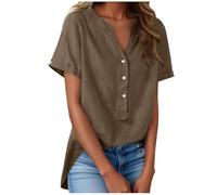 Musselin Bluse Damen,Knopfleiste Leinenhemd Damen Kurzarm V-Ausschnitt Tshirt Oversize Blusenshirt Button-Down Oberteile Leinenbluse Einfarbig Sommer Sportshirt Hemd Elegant Baggy T-Shirt