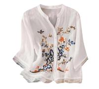 Musselin Bluse Damen Kurz, Leinenbluse Sommer Shirt 3/4 Arm Damenblusen Bestickte Oberteile Elegant Tshirt Locker Tunika Sommerbluse Baumwolle Leinen Boho Tops, T-Shirts Damen