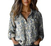 Musselin Bluse Damen Kurz V-Ausschnitt Blusen 3/4 Ärmel Tunika Langshirt Elegant Longbluse Bequemes Oberteile mit Bedruckt Top Vielseitig T-Shirt Casual Damenblusen Langarm Hemdbluse