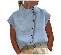 musselin Bluse Damen Kurzarm leinen Baumwoll Tops Einfarbig Stehkragen Button Down Tunika Hemd damentops(Hellblau, L)
