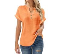 Musselin Bluse Damen Kurzarm Leinen Tunika V-Ausschnitt Oberteile V-Ausschnitt Baumwolle Hemden Casual Longbluse Mit Knöpfen Leicht Luftig Hemdbluse Einfarbig T Shirt Modisch Vintage Blusehemd
