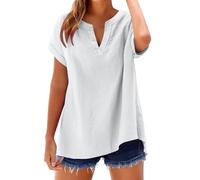 Musselin Bluse Damen Lässiges Kurzarm Hemdbluse Sommer V-Ausschnitt 100% Baumwolle Solide Blusenshirt Elegant Oberteile Mit Tasche Musselin Set Damen Sommer-Geschenk