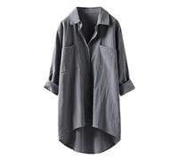 Musselin Bluse Damen Lang Musselin Bluse Oberteile Tunika Langarm Lange Elegant Pullover Mit Knopfleiste Long Stehkragen Longshirt Longbluse Frühling Italienische Mode Leinenbluse (Armeegrün,S-3XL)