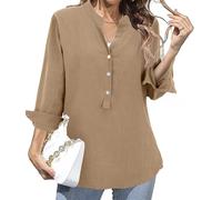 Musselin Bluse Damen Langarm Ohne Kragen Leinenbluse Baumwolle Leinen Blusenshirt mit Knöpfe Leinenhemd Button Down Hemdbluse Einfarbig Shirt Casual Locker Tuniken Elegant Leinenshirt Leicht Tops