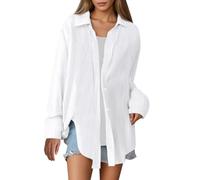 Musselin Bluse Damen Langarm Oversize Sommerbluse Strand Urlaub Hemdbluse Longbluse Modern Einfarbig Button Down Oberteile Long Shirt Elegant Hemd Blusen Sommer Locker Langarmshirt Tuniken