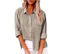 Musselin Bluse Damen,Langarm V-Ausschnitt Oversized Leinenbluse mit Brusttasche Revers Einreihige Hemdbluse Leinenhemd Elegant Einfarbig Longshirt Weiche Baumwoll Langarmshirt Tunika Shirt