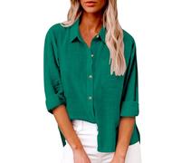 Musselin Bluse Damen,Langarm V-Ausschnitt Oversized Leinenbluse mit Brusttasche Revers Einreihige Hemdbluse Leinenhemd Elegant Einfarbig Longshirt Weiche Baumwoll Langarmshirt Tunika Shirt