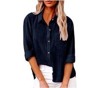 Musselin Bluse Damen,Langarm V-Ausschnitt Oversized Leinenbluse mit Brusttasche Revers Einreihige Hemdbluse Leinenhemd Elegant Einfarbig Longshirt Weiche Baumwoll Langarmshirt Tunika Shirt