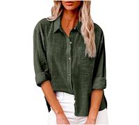 Musselin Bluse Damen,Langarm V-Ausschnitt Oversized Leinenbluse mit Brusttasche Revers Einreihige Hemdbluse Leinenhemd Elegant Einfarbig Longshirt Weiche Baumwoll Langarmshirt Tunika Shirt