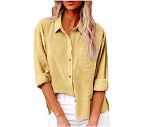 Musselin Bluse Damen Leinen Baumwolle Longbluse Hemd mit V-Ausschnitt Tunika Button Down T Shirt Blusen Elegant Langarmshirt Shirts Sommer Casual Lockere Passform Sommer Oberteile mit Tasche