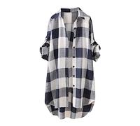 Musselin Bluse Damen, Leinen Bluse Damen Karierte Longshirt Baumwolle Revers Langarm Oversize Hemd Vintage Longbluse Mit Knopf Hemdjacke Dünn FrüHling Sommer Oberteile Tops Tee Shirt