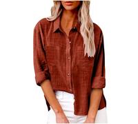 Musselin Bluse Damen Leinenbluse Baumwolle Lässiges Top Elegant Langarmshirt Shirts Hemd mit V-Ausschnitt Tunika Button Down T Shirt Blusen Casual Lockere Passform Sommer Oberteile mit Tasche