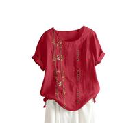 Musselin Bluse Damen Leinenbluse mit Knöpfe Kurzarm Tshirt Sommer Shirt Baumwolle Leinen Oberteile Große Größen Tunika Rundhals Pullover Tops T-Shirt Damenblusen Blusen & Tuniken für Damen Longbluse
