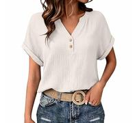 Musselin Bluse Damen Leinenbluse V-Ausschnitt Kurzarm Leinenhemd Sommer Baumwolle Leinen Tshirt mit Knopfleiste Elegant Longbluse Tunika Top Lässige Einfarbig Longshirt Strand Kleid (X1 Weiß, XXXXL)