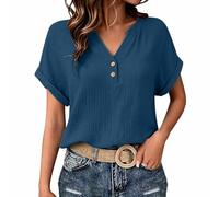 Musselin Bluse Damen Leinenbluse V-Ausschnitt Kurzarm Leinenhemd Sommer Baumwolle Leinen Tshirt mit Knopfleiste Elegant Longbluse Tunika Top Lässige Einfarbig Longshirt Strand Kleid (X1 Navy, L)