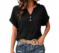 Musselin Bluse Damen Leinenbluse V-Ausschnitt Kurzarm Leinenhemd Sommer Baumwolle Leinen Tshirt mit Knopfleiste Elegant Longbluse Tunika Top Lässige Einfarbig Longshirt Strand Kleid (X1 Black, L)