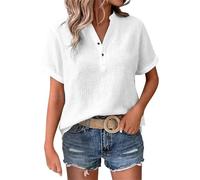 Musselin Bluse Damen Leinenbluse V-Ausschnitt Kurzarm Leinenhemd Sommer Baumwolle Leinen Tshirt mit Knopfleiste Elegant Longbluse Tunika Top Lässige Einfarbig Longshirt Strand Kleid (Weiß, L)
