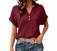 Musselin Bluse Damen Leinenbluse V-Ausschnitt Kurzarm Leinenhemd Sommer Baumwolle Leinen Tshirt mit Knopfleiste Elegant Longbluse Tunika Top Lässige Einfarbig Longshirt Strand Kleid (X1 Wein, L)