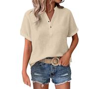 Musselin Bluse Damen Leinenbluse V-Ausschnitt Kurzarm Leinenhemd Sommer Baumwolle Leinen Tshirt mit Knopfleiste Elegant Longbluse Tunika Top Lässige Einfarbig Longshirt Strand Kleid (Beige, XL)
