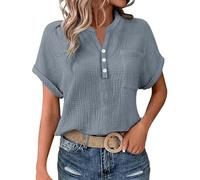 Musselin Bluse Damen Oversized Button-Down Sommerbluse Elegant V Ausschnitt Leinenbluse GroßE GrößEn Bluse Kurzarm T-Shirts Baggy Kleidung Musselin Hemd Solide TopUrlaub/Alltag