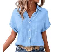 Musselin Bluse Damen Oversized Button-Down Sommerbluse Elegant V Ausschnitt Leinenbluse GroßE GrößEn Bluse Kurzarm T-Shirts Baggy Kleidung Musselin Hemd Solide Top Hohe Taille betont die Beine