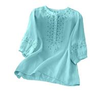 Musselin Bluse Damen Pink, Leinenbluse Sommer Shirt 3/4 Arm Damenblusen Bestickte Oberteile Elegant Tshirt Locker Tunika Sommerbluse Baumwolle Leinen Boho Tops, Tshirt Damen V Ausschnitt
