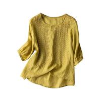 Musselin Bluse Damen Rundhals Baumwolle Und Print Kurzarm T Shirt Top Blusen Sommer Leinenbluse Weiß Elegant Leinenhemd Kurzarmhemd Für Schwarze Weiss Kurz Tshirt Leinenblusen Shirts T-Shirt Gelb XXL