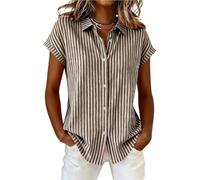 Musselin Bluse Damen Sommer Blusenshirt V-Ausschnitt Hemdbluse Elegante Baumwolle Kurzarm Blusen Tunika Shirt Hemden mit Knöpfen Casual Büro Arbeit Blusen Tunika Hemd Oberteile Tops (Brown, S)