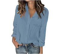 Musselin Bluse Damen Sommer Reverskragen mit Button-Down Große Größen Sommerhemd Lässige Tshirt Tunika Luftig mit Taschen Langarm Blusenshirt Hemd Tops Leicht Oberteile Tuniken Festliche T Shirts