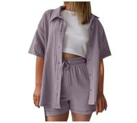 Musselin Bluse Damen Zweiteiler Sommer Outfits Kurzarm Hemd und Shorts Aesthetic 2 Teiler Loungewear Set Elegant Baumwolle Leinen Sportanzug Oversize Y2K Trainingsanzug Freizeitanzug