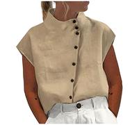 musselin Bluse große größen lang Sommer Hemden Einfarbig Baumwoll Leinen Stehkragen Kurzarm Button Down Tunika Damenbluse Tanktops(Khaki, M)