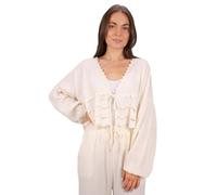 Musselin Bluse mit Bordüre zum Binden, Spitze & Bindeband - im Boho Stil Frühling/Sommer - Laura (Creme)