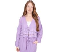 Musselin Bluse mit Bordüre zum Binden, Spitze & Bindeband - im Boho Stil Frühling/Sommer - Laura (DE/NL/SE/PL, Alphanumerisch, Einheitsgröße, Regular, Regular, Flieder)