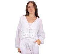 Musselin Bluse mit Bordüre zum Binden, Spitze & Bindeband - im Boho Stil Frühling/Sommer - Laura (Weiß)