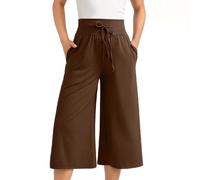 Musselin DamenDamen Culotte Yogahose Elegant Einfarbig Caprihose Mit Taschen Und Kordelzug Sommer Elastische Hohe Taille Sweathose Casual Loose Stoffhose(Kaffee,S)